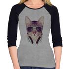 Baby Look Raglan Gato Headphone Manga 3/4 - Foca na Moda