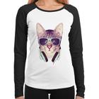 Baby Look Raglan Gato Headphone Manga Longa - Foca na Moda