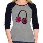 Baby Look Raglan Headphone Rosa Manga 3/4 - Foca na Moda