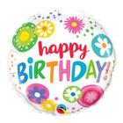 Balão de Festa Microfoil 18" 45cm - Redondo Happy Birthday! Floral e Circulos - 1 unidade - Qualatex Outlet - Rizzo