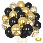 Balão Mobacurty preto e dourado de 12 polegadas, 75 unidades com fitas