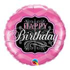 Balão Qualatex 09" - Redondo Solto - Happy Birthday-Rosa E Preto - 1 Un