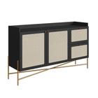 Balcão Buffet 2 Portas 2 Gavetas 139cm Palhinha Pé Metal Oslo Artesano Nero/Dourado