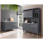 Balcão Gabinete Turner 3 Portas + Kit Parker 130cm Compacta c/ Nichos Cinza