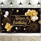 Banner de pano de fundo Blulu Happy Birthday Black Gold 185x110cm