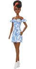 Barbie Fashionistas 185, Cabelo Preto, Vestido Denim Decotado Desbotado, Bandana Laranja, Botas Brancas, Brinquedo 3-8 Anos