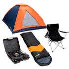 Barraca Camping NTK 3 pessoas Coluna d'água 600mm + Saco de Dormir Laranja/Preto + Cadeira Alvorada Preta + Fogareiro