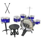 Bateria Infantil Musical Completa 5 Tambores Bumbo 30cm Baqueta Banquinho Azul Importway Bw242 Az