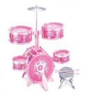 Bateria infantil na cor rosa com banqueta, pedal, baquetas