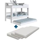 Beliche Solteiro Com Cama Auxiliar 3 Colchões E Estante Branco Sunset Shop JM