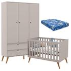 Berço Americano com Colchão e Guarda Roupa Infantil 3 Portas Retro Gold Cinza Eco Wood Matic