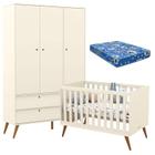 Berço Americano com Colchão e Guarda Roupa Infantil 3 Portas Retro Gold Off White Eco Wood Matic