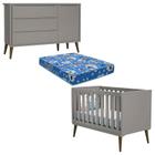 Berço Americano e Cômoda com Porta Infantil Theo Cinza com Colchão Ortobom Phisical 130x70 cm Reller