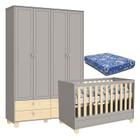 Berço Americano e Guarda Roupa Infantil 4 Portas Rope Cinza Natural com Colchão - Matic