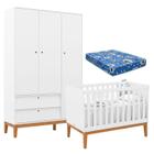 Berço Americano e Guarda Roupa Unique 3 Portas Branco Soft Eco Wood com Colchão Ortobom - Matic