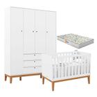 Berço Americano e Guarda Roupa Unique 4 Portas Branco Soft Eco Wood com Colchão Gazin - Matic