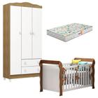 Berço Americano Lara e Guarda Roupa Infantil Mel Flat 3 Portas Branco Acetinado Amadeirado com Colchão Gazin Carolina