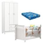 Berço Americano Lara e Guarda Roupa Infantil Mel Flat 3 Portas Branco Brilho com Colchão Ortobom Carolina - Carolina Baby