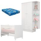 Berço Americano Mini Cama 100 e Guarda Roupa Doce Sonho 106 2 Portas Branco Brilho com Colchão Qmovi