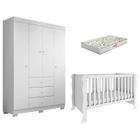 Berço Americano Mini Cama Ariel e Guarda Roupa Duda 4 Portas Branco Brilho com Colchão Gazin Phoenix Baby