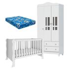 Berço Americano Mini Cama com Guarda Roupa 3 Portas Ariel Branco Brilho com colchão Ortobom Carolina