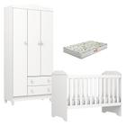 Berço Americano Mini Cama e Guarda Roupa Mel Flat Branco Brilho com Colchão Gazin - Carolina - Carolina Baby