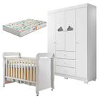 Berço Americano Mirelle e Guarda Roupa Infantil Ane Branco Brilho com Colchão Gazin Phoenix Baby