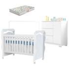 Berço Americano New Nanda e Cômoda Infantil Duda Branco Brilho com Colchão Gazin Phoenix Baby