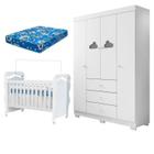 Berço Americano New Nanda e Guarda Roupa Infantil Ane Branco Brilho com Colchão Ortobom Phoenix Baby