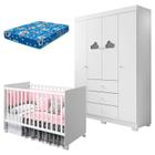 Berço Americano Tico e Guarda Roupa Infantil Ane Branco Brilho com Colchão Ortobom Phoenix Baby