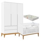 Berço Americano Unique e Guarda Roupa 3 Portas Nature Clean Branco Soft Eco Wood com Colchão Gazin Matic