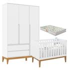 Berço Americano Unique E Guarda Roupa 3 Portas Nature Clean Branco Soft Eco Wood Com Colchão Gazin - MATIC MÓVEIS