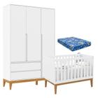 Berço Americano Unique e Guarda Roupa 3 Portas Nature Clean Branco Soft Eco Wood e Colchão Ortobom Matic