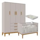 Berço Americano Unique e Guarda Roupa 4 Portas Nature Cinza Soft Eco Wood com Colchão Gazin Matic - Matic Moveis