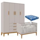 Berço Americano Unique e Guarda Roupa 4 Portas Nature Cinza Soft Eco Wood e Colchão Ortobom Matic