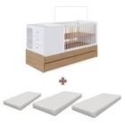 Berço Cama Multifuncional Com Auxiliar E 3 Colchões Aveiro OAK Branco Posie Completa Móveis