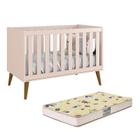Berço Mini Cama Theo Retrô Rosa Fosco com Pés Amadeirado e Colchão D18 - Reller Móveis