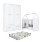 Berço Montessoriano Americano e Guarda Roupa Infantil Mississipi 4 Portas Branco com Colchão Gazin - Henn