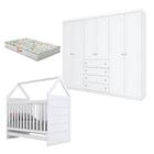 Berço Montessoriano e Guarda Roupa Infantil Americano 6 Portas Branco HP com Colchão Gazin - Henn