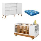 Berço Multifuncional Bkids com Cômoda Infantil Gold Branco Freijó Eco Wood e Colchão Matic