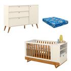 Berço Multifuncional Bkids com Cômoda Infantil Gold Off White Freijó Eco Wood e Colchão Matic - Matic Moveis