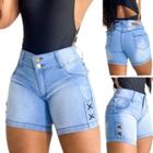 Bermuda Jeans Feminino Short Destroyed 2 Botões e Detalhe Na Perna Jeans Premium Da moda
