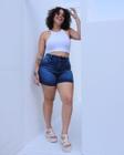 Bermuda Jeans Meia Coxa Plus Size Feminina Botão Duplo 23588 Escura