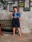 Bermuda longa jeans feminina com elastano cintura alta levanta bumbum dia dos namorados