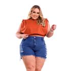 Bermuda Short Jeans Desfiado Plus Size 100% Algodão Curto