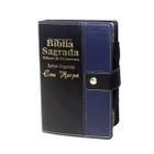 Bíblia Sagrada Letra Gigante - Preto C/ Azul - Botão e Caneta Revista e Corrigida - Com Harpa- 14x21 cm