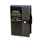 Bíblia Sagrada Letra Gigante - Preto C/ Marrom - Botão e Caneta Revista e Corrigida - Com Harpa- 14x21 cm