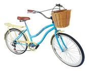 Bicicleta Aro 26 Adulto Retrô Cesta Vime Azul Celeste Bege