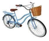 Bicicleta Aro 26 Adulto Retrô Com Cesta Vime Azul BB Claro