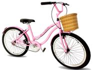Bicicleta aro 26 com cesta tipo vime vintage sem marcha rosa